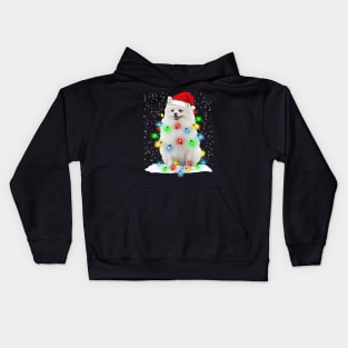 White Pomeranian Christmas Santa Hat Xmas Tree Color Lights Kids Hoodie